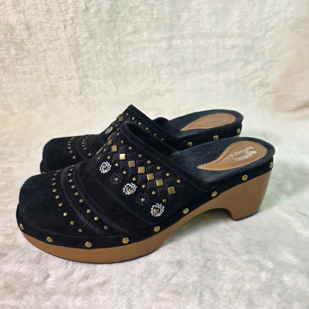 Spring Step Clogs Mules Black Studded Suede Chunky Heel Womens 39 8 Excellent